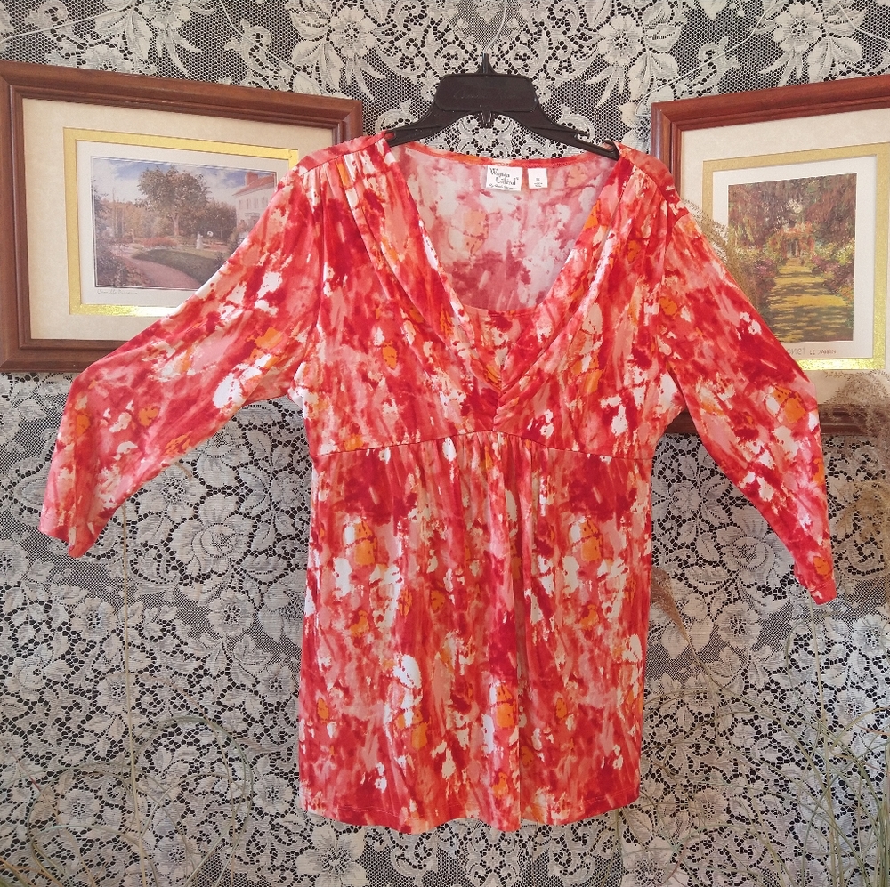 Women with Control red orange tie dye blouse abstract print loose fitting tunic